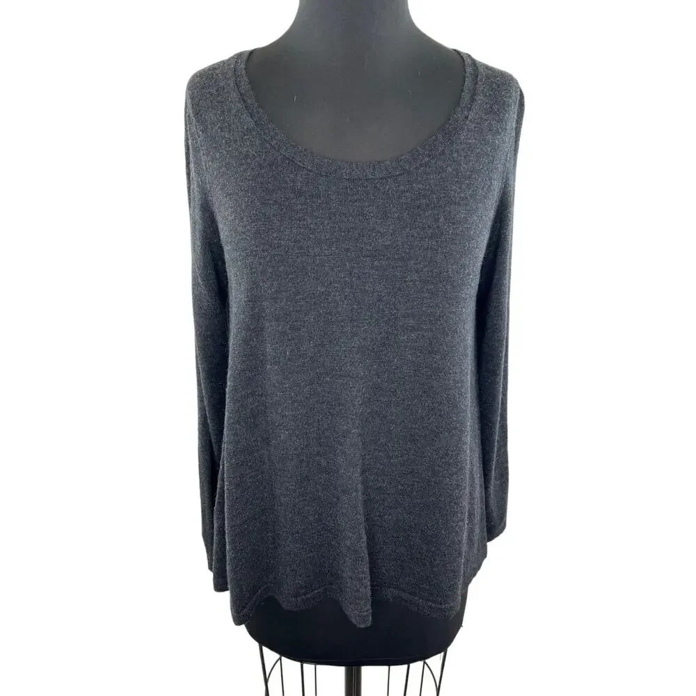 Eileen Fisher Merino Wool Dark Gray Scoop Neck Light Pullover Sweater S Small